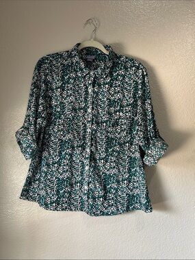 Laura Scott Petite Teal Black White Animal Print Blouse Button Down Sz XLP Chic